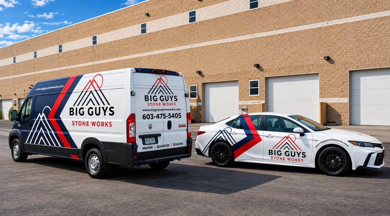 Big Guys Stone Works branded van and car outside a commercial building